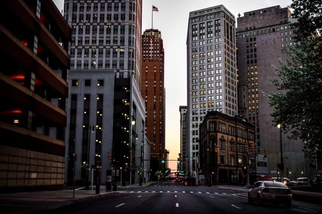 Downtown Detroit, Michigan at dusk