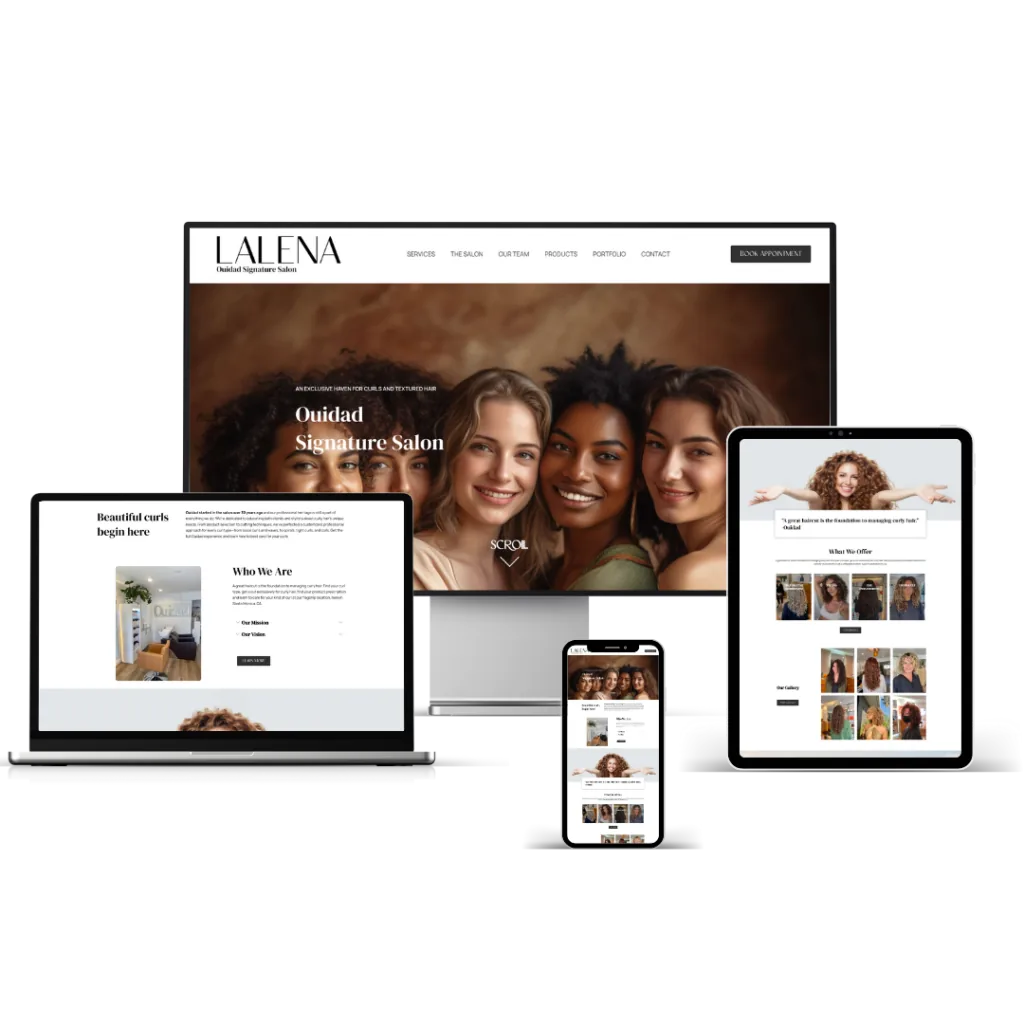 Responsive Lalena salon website displayed across desktop, laptop, tablet, and phone